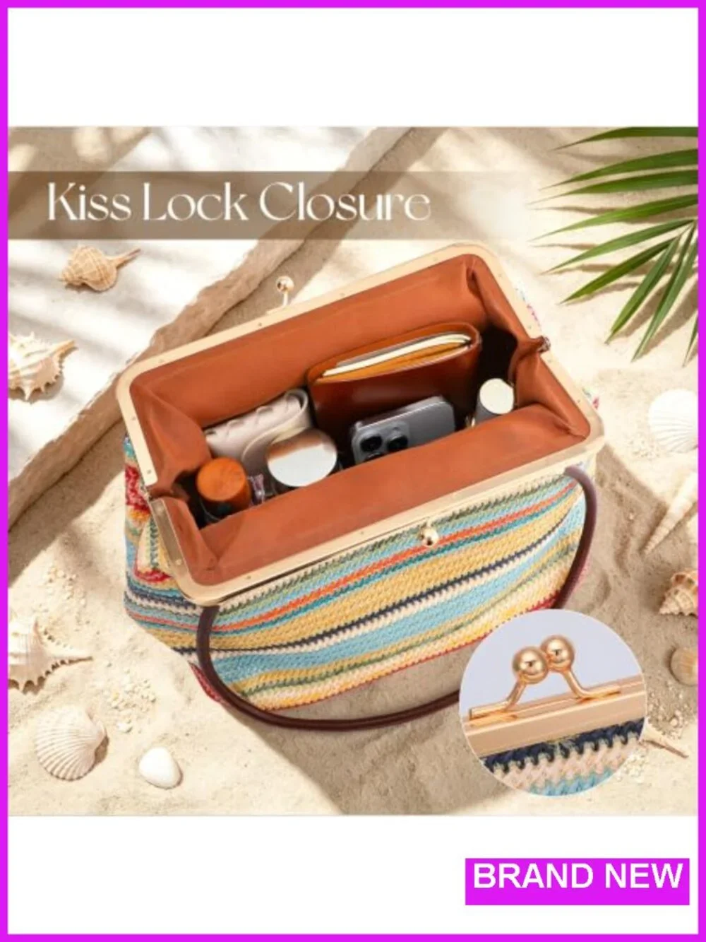 Straw Woven Kiss Lock Crossbody Clutch Evening Shoulder Bag